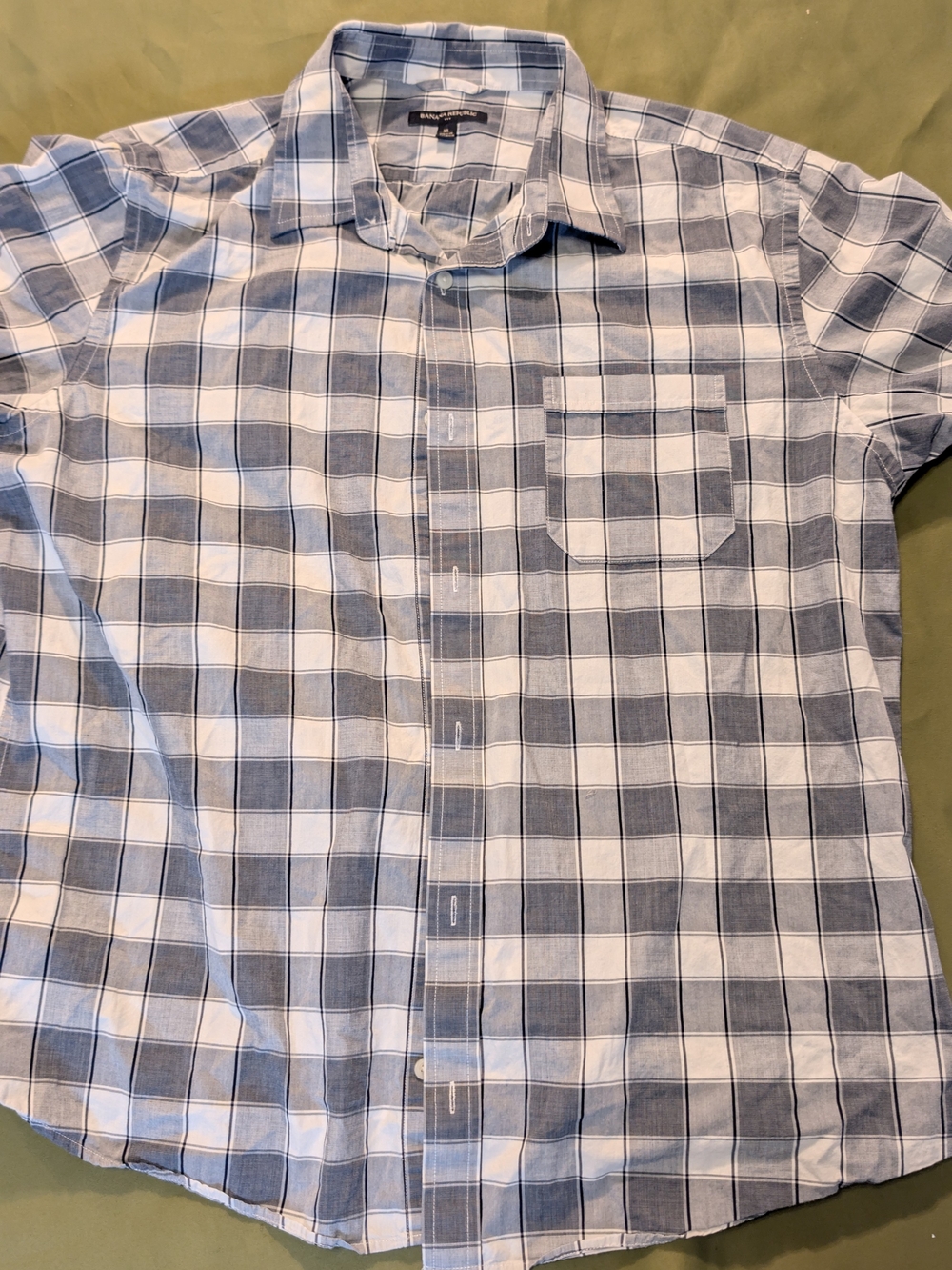 Banana Republic White and Blue Plaid Short Sleeve Button-Down Shirt